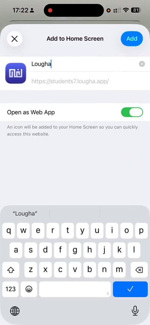 اختيار Add to Home Screen وزر Add ف الآيفون