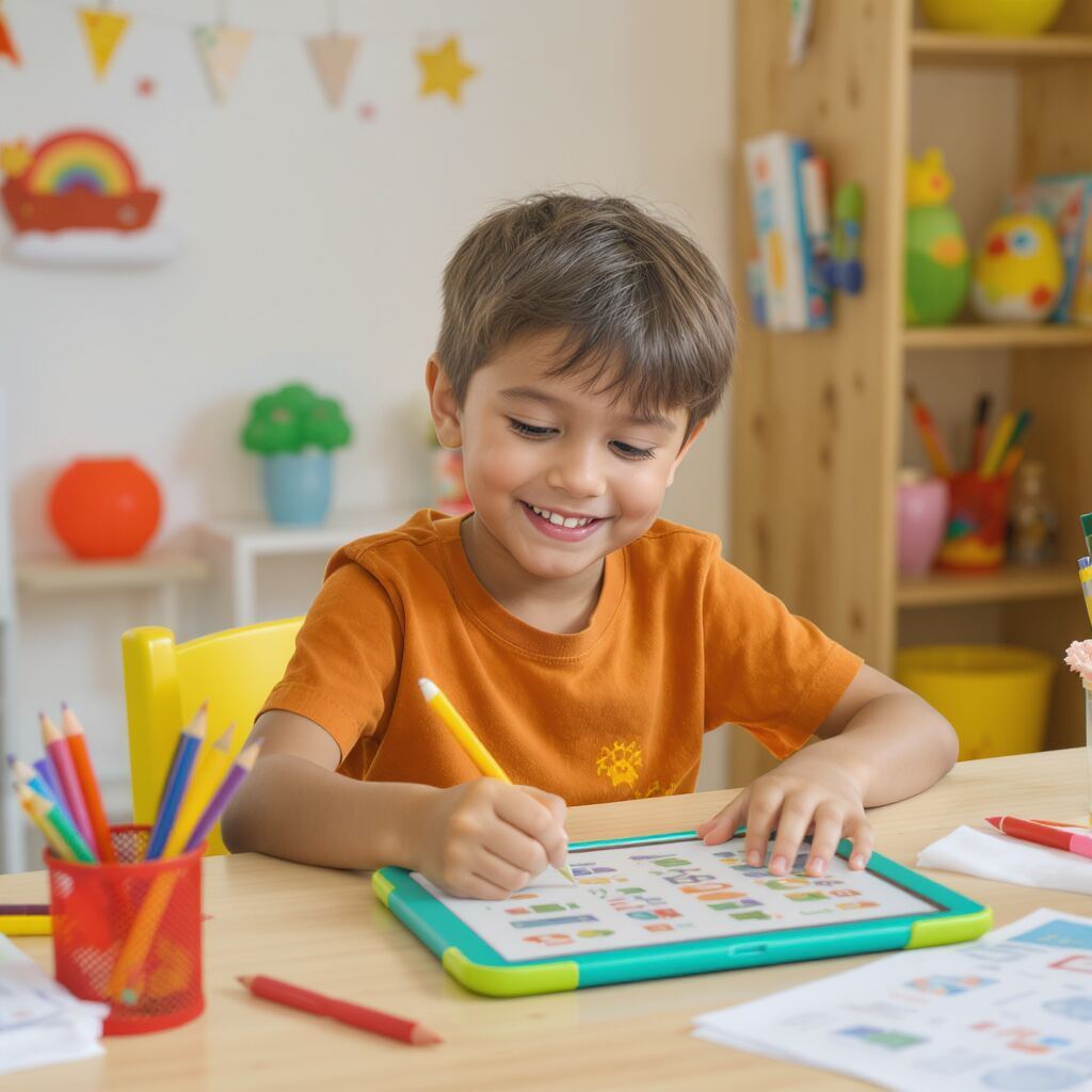 الإنجليزية للأطفال: طفل يتعلم الإنجليزية بفرح على جهاز لوحي ملوّن