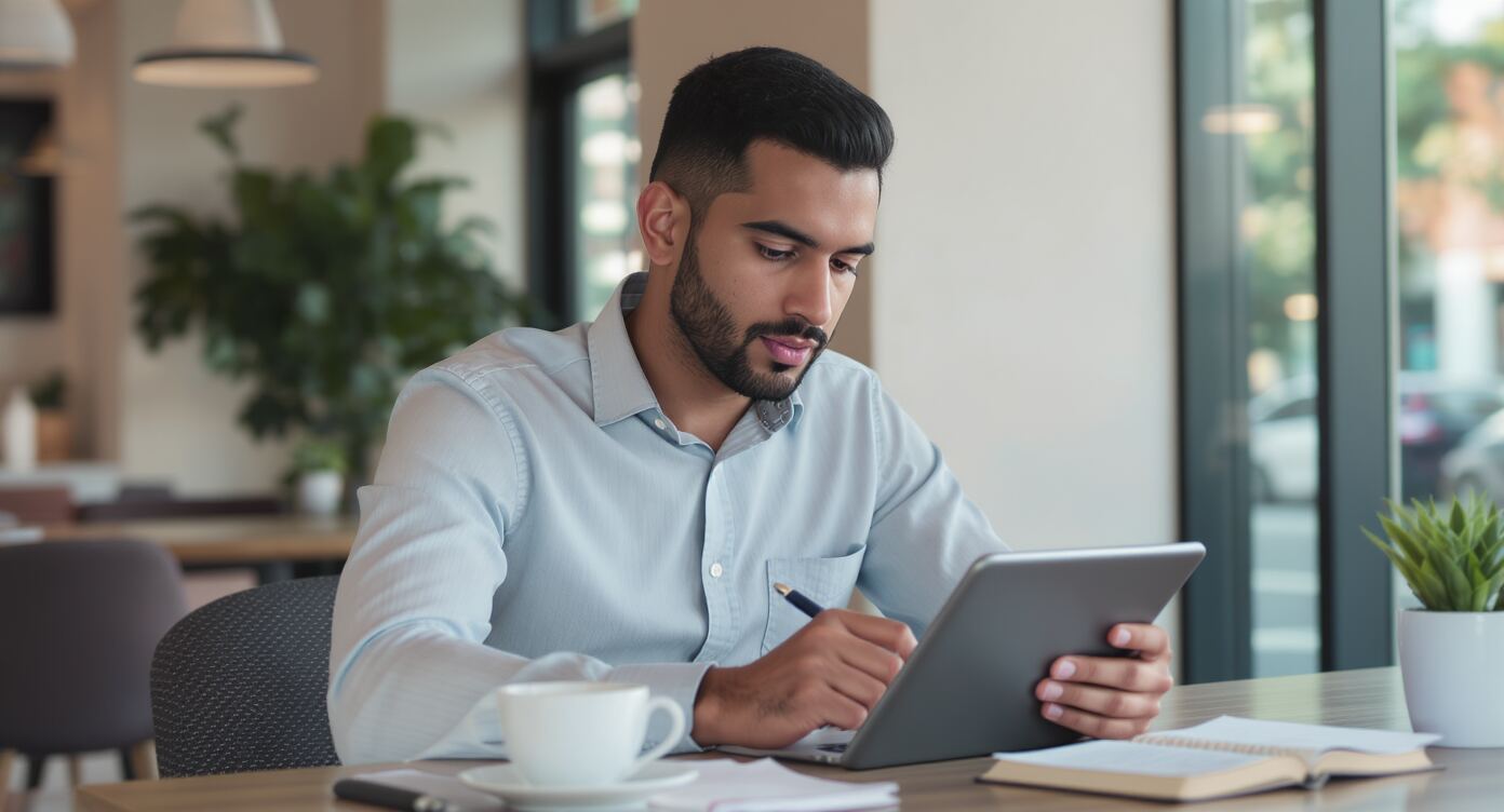 اختبار مستوى الإنجليزية مجاناً أونلاين: متعلم يجيب عن الأسئلة على جهازه اللوحي