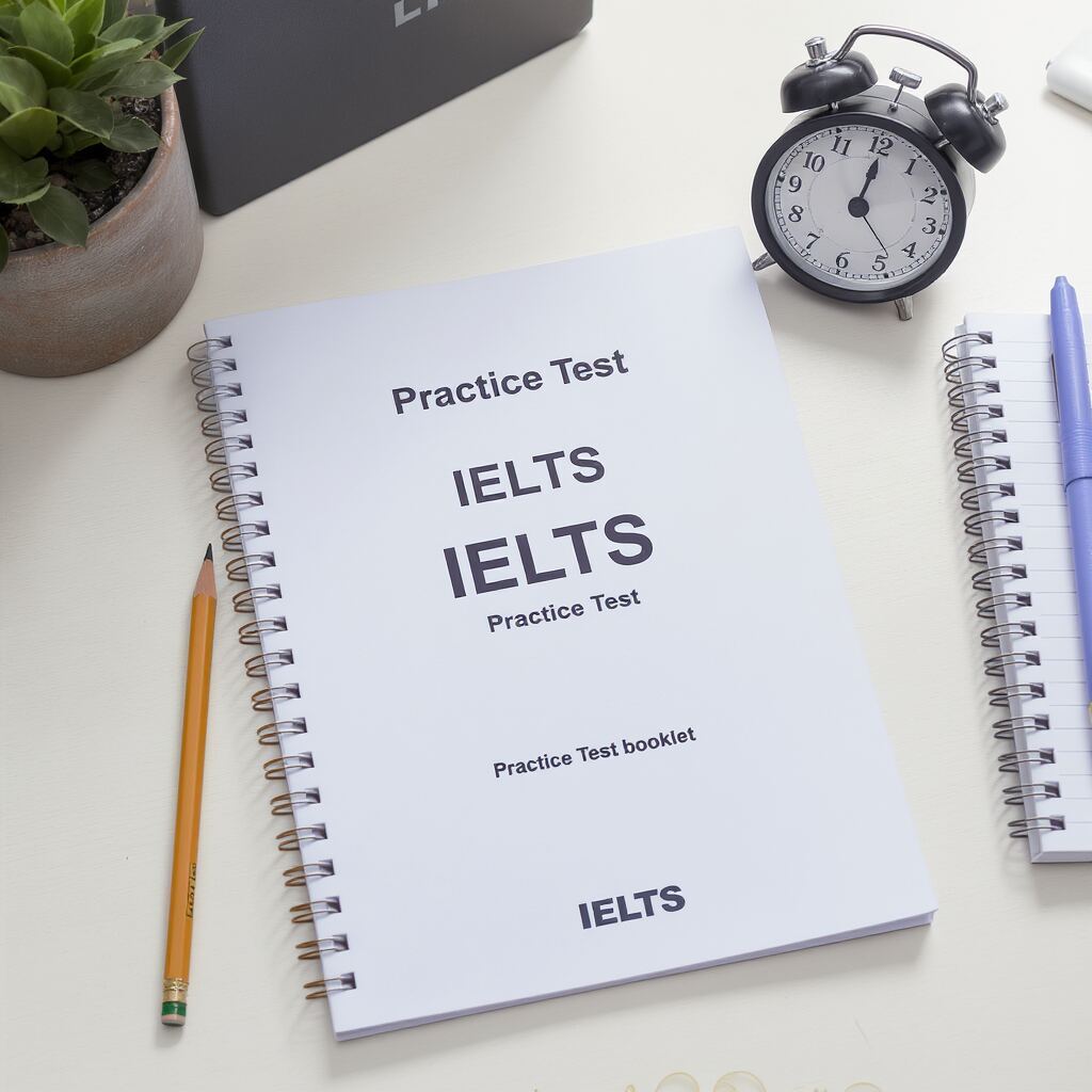 التحضير لاختبار IELTS وTOEFL: كتيّب اختبار IELTS تجريبي مع قلم وساعة